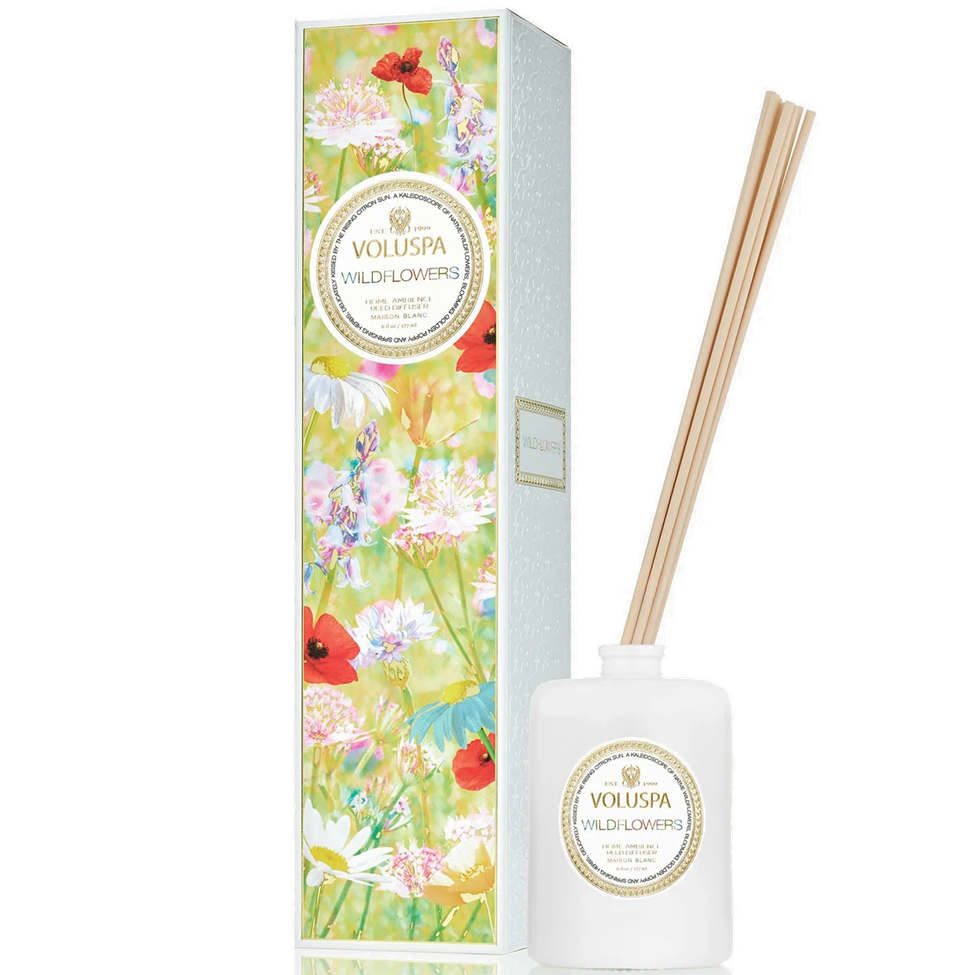 Voluspa Wild Flowers diffuser with floral packaging on a white background