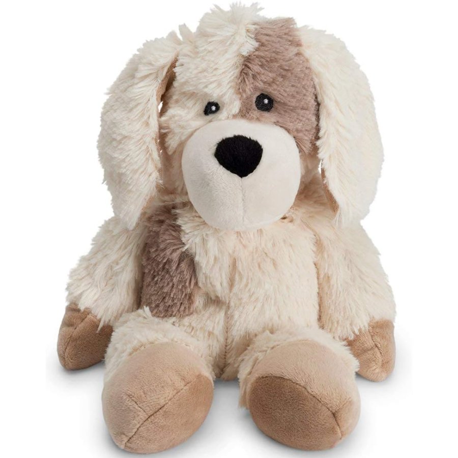 Plush dog toy with brown and beige fur on a white background
