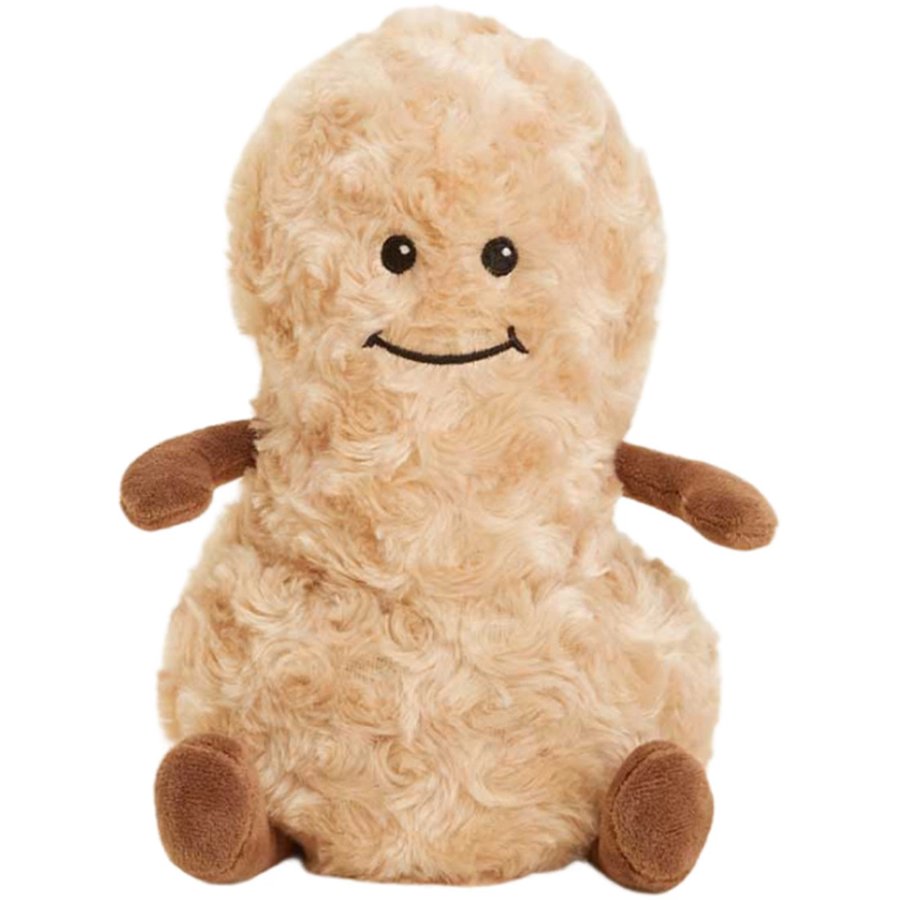 Plush toy resembling a dog with a smiling face on a white background