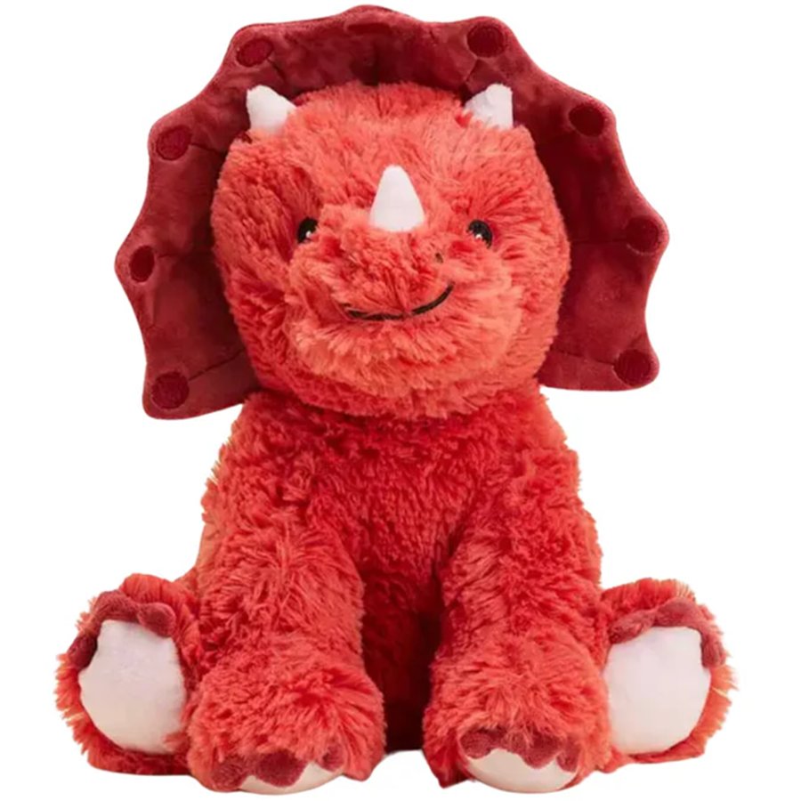Red plush triceratops toy with a white shell on a white background