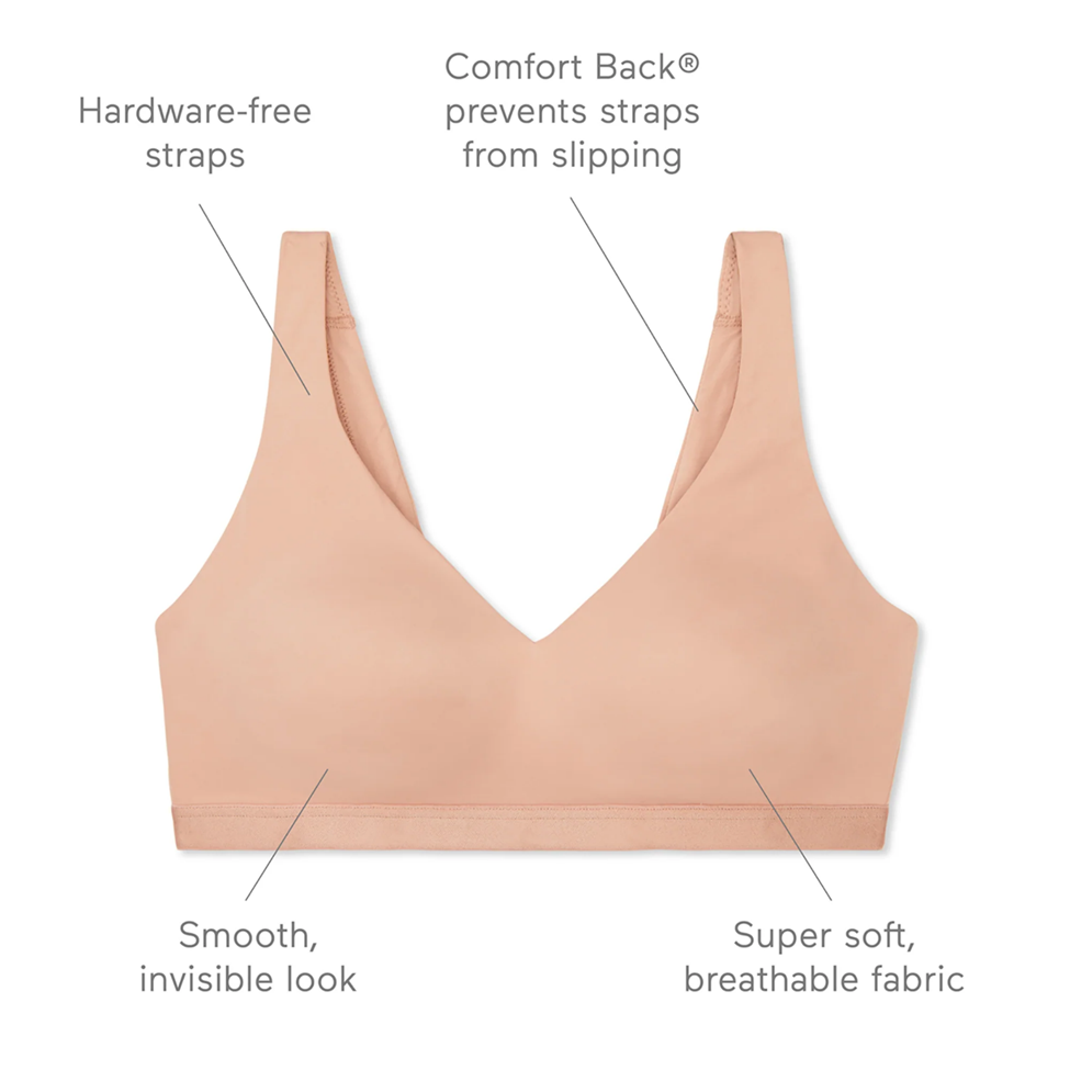 Beige bra with text highlighting features on a white background