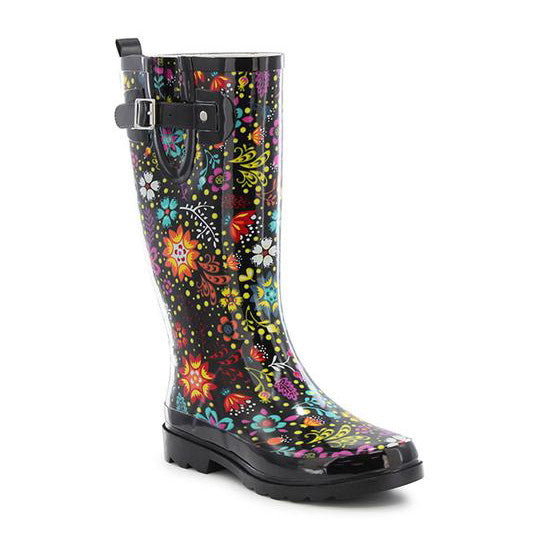 Colorful floral-patterned rain boot on a white background