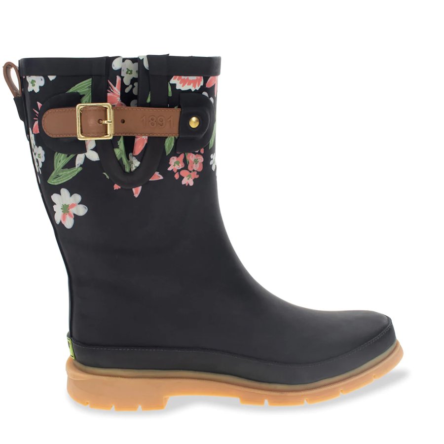Black rain boot with floral pattern and brown buckle on a white background