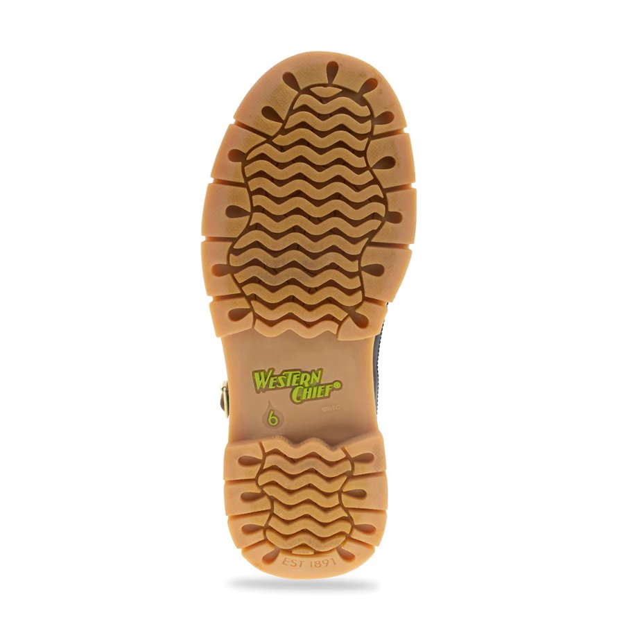 Close-up of a boot sole with 'Western Chief' branding on a white background
