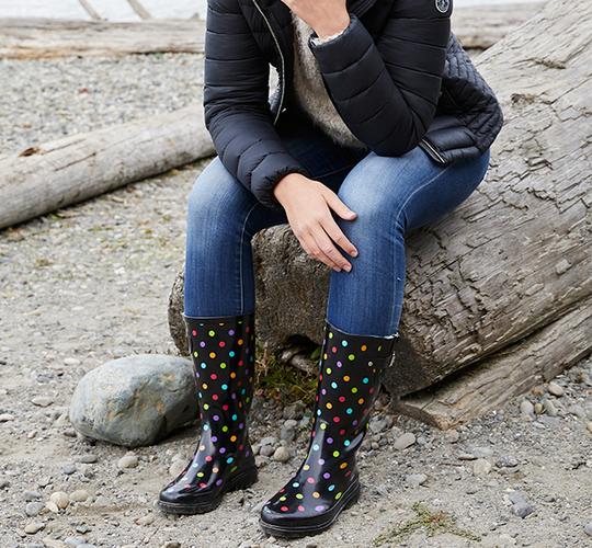 Person wearing black rain boots with colorful polka dots sitting on a log by a rocky shore.