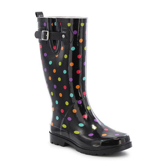 Black rain boot with colorful polka dots on a white background