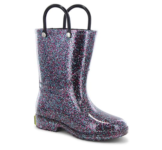 Multicolored glittery rain boot with black handles on a white background
