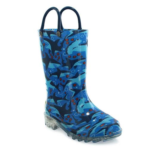 Blue rain boot with shark pattern on a white background