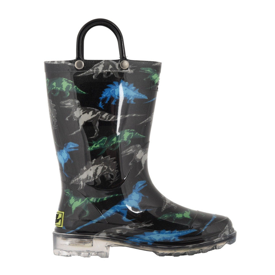 Black rain boot with dinosaur pattern on a white background