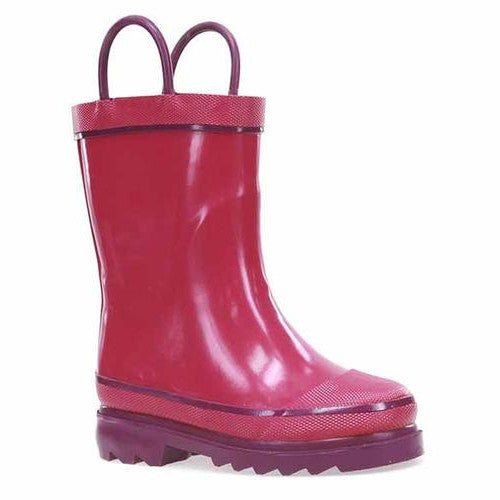 Pink rubber boot with handles on a white background