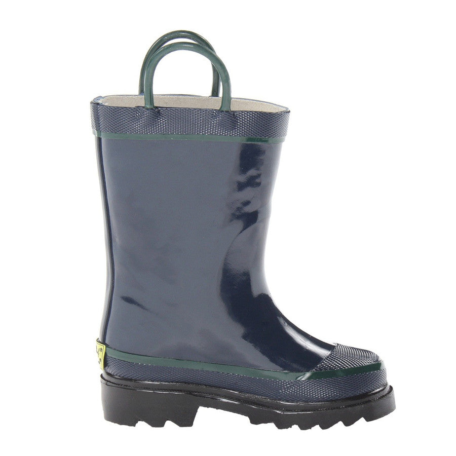 Navy rain boot with green handle and trim on a white background
