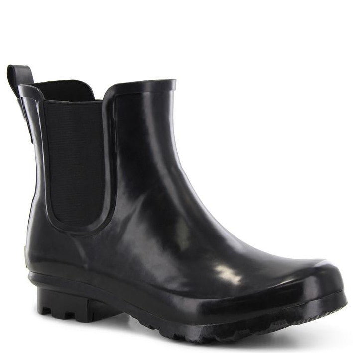 Black rain boot on a white background