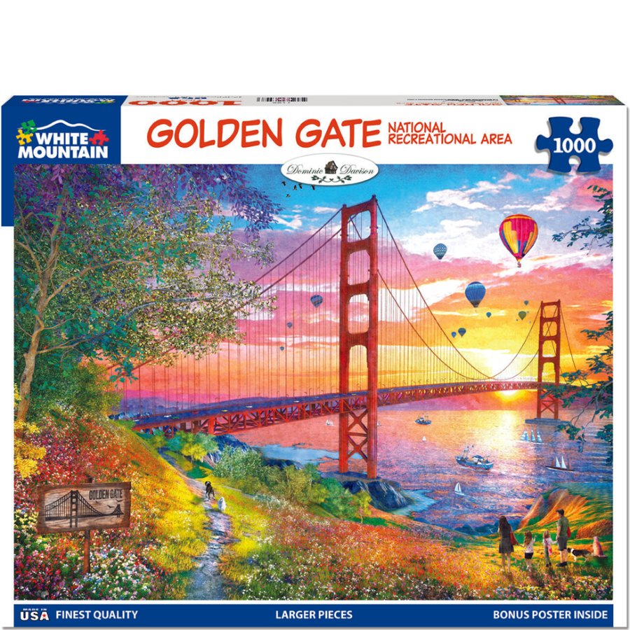 Jigsaw puzzle box featuring the Golden Gate Bridge with colorful balloons and scenic landscape.
