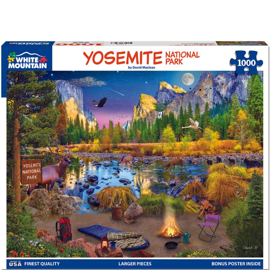 Jigsaw puzzle box featuring Yosemite National Park with a scenic view of a lake, mountains, and campsite.