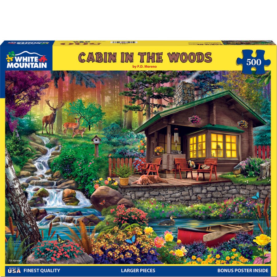 Jigsaw puzzle box featuring a cabin in the woods with a stream and nature.
