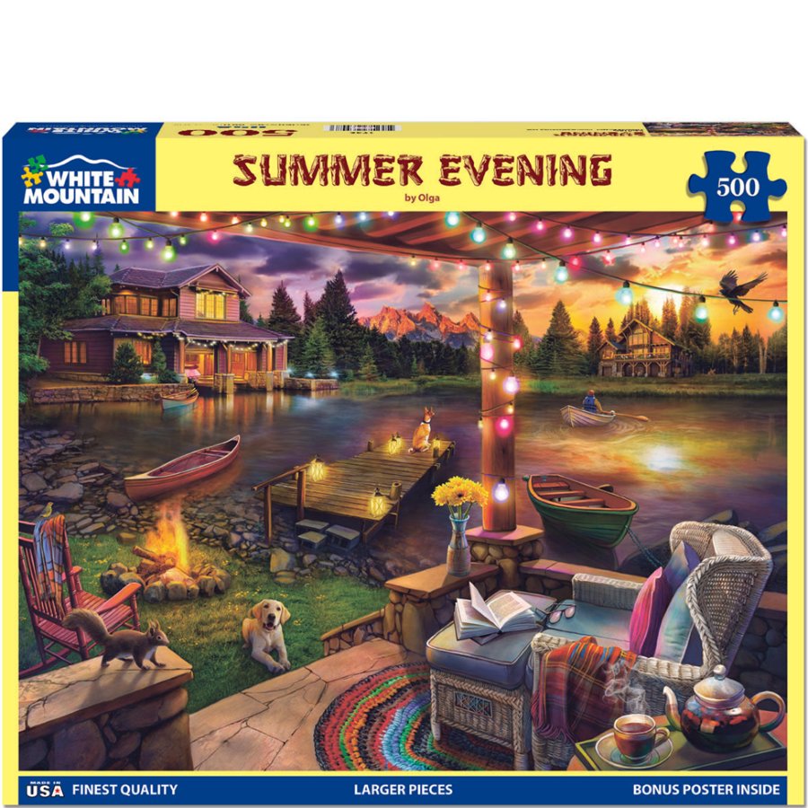 Jigsaw puzzle box titled 'Summer Evening' by White Mountain Puzzles with a scenic lake and cabin illustration.