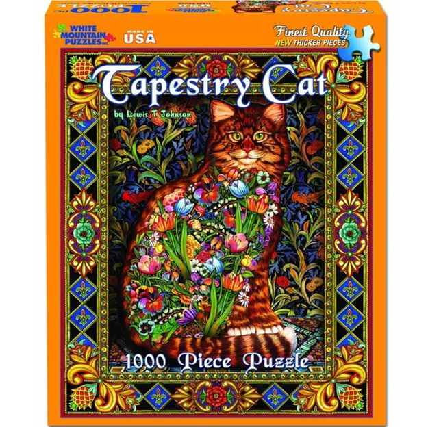 Jigsaw puzzle box featuring a cat with flowers, colorful border, and 'Tapestry Cat' text.