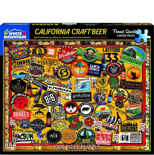 Jigsaw puzzle box featuring California craft beer logos with White Mountain branding.