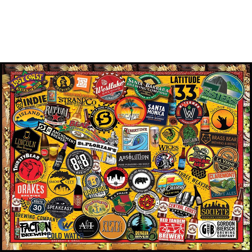 Collection of various beer and brewing company logos on a wooden background
