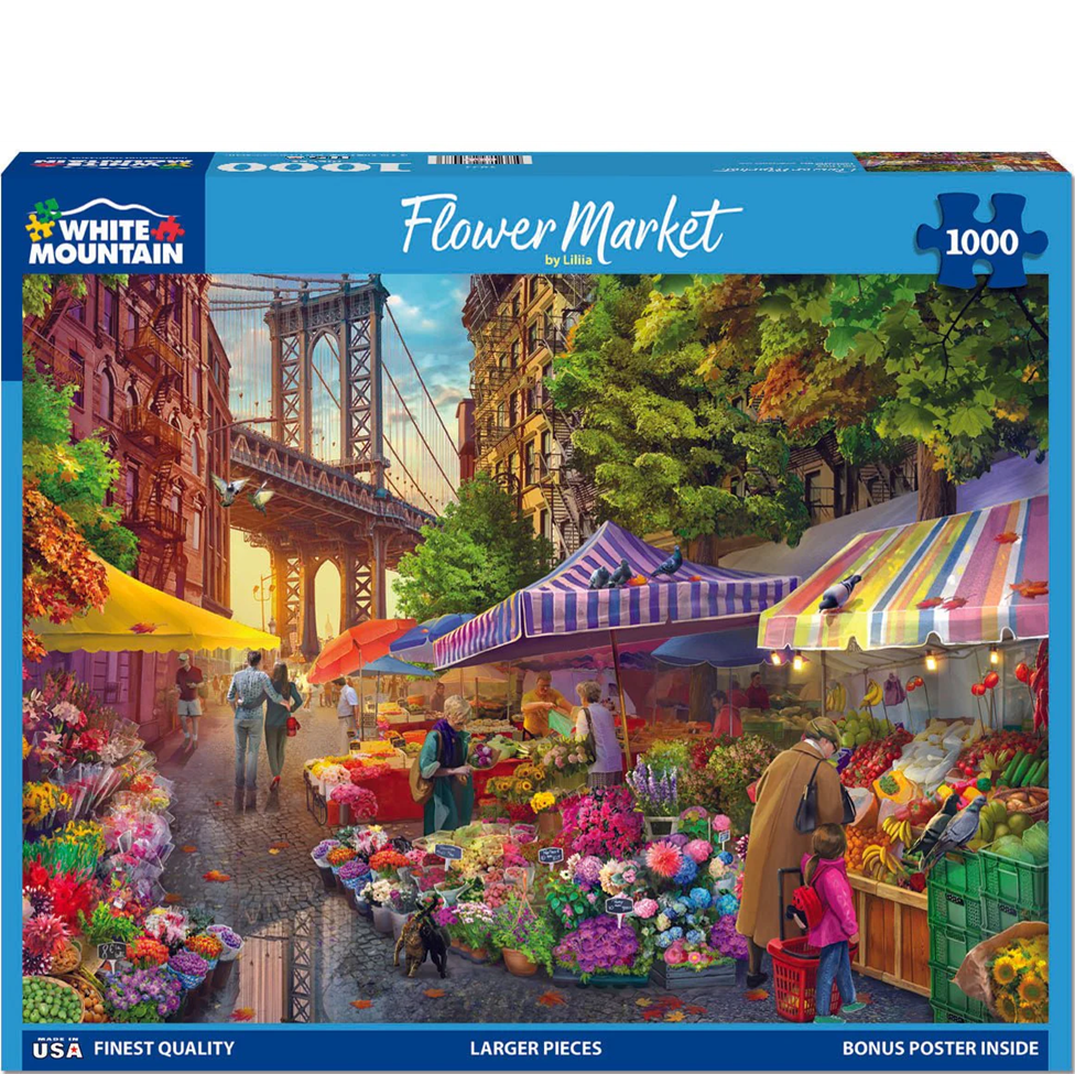 Jigsaw puzzle box for 'Flower Market' by White Mountain Puzzles with colorful market scene and bridge in background.