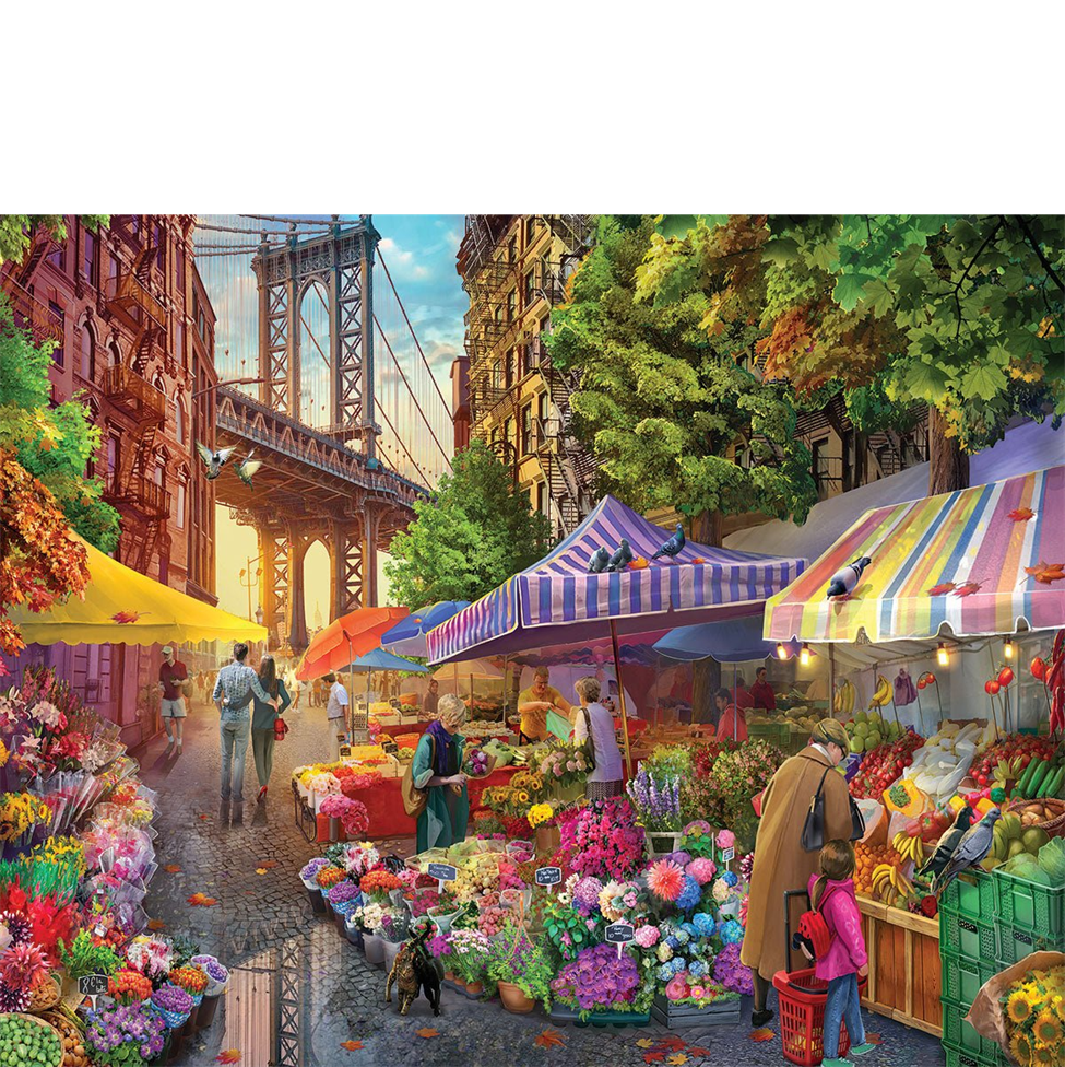 Colorful street market with people and flowers, featuring a bridge in the background.