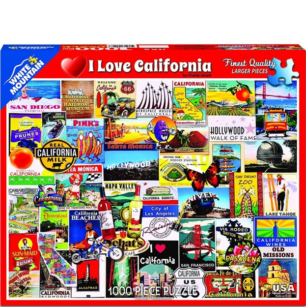Jigsaw puzzle box featuring images of California attractions and text 'I Love California'.