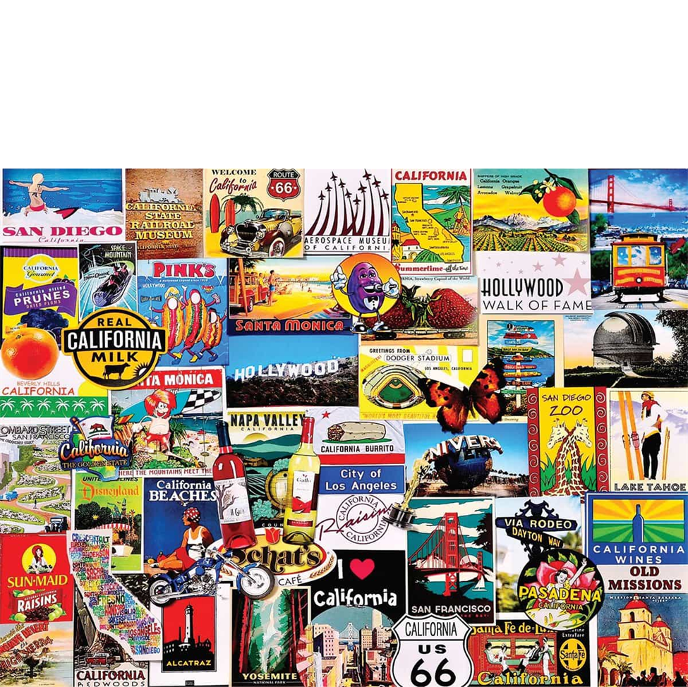 Collage of various California-themed images and posters on a white background