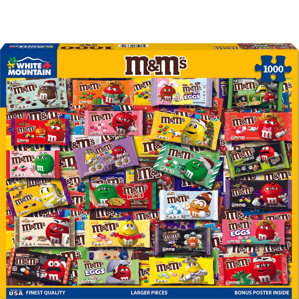 M&M's puzzle box with various M&M packaging designs on a yellow background