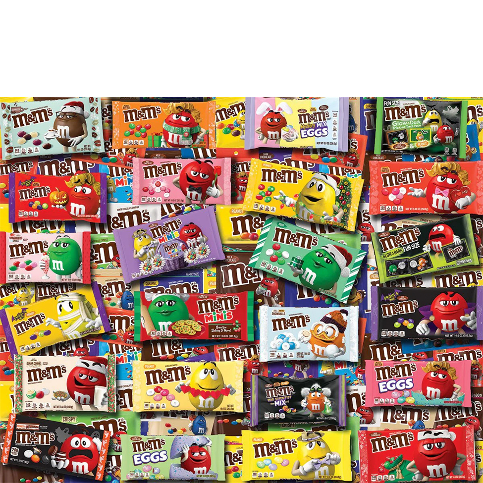 Collection of various M&M's candy packages in different colors and designs.