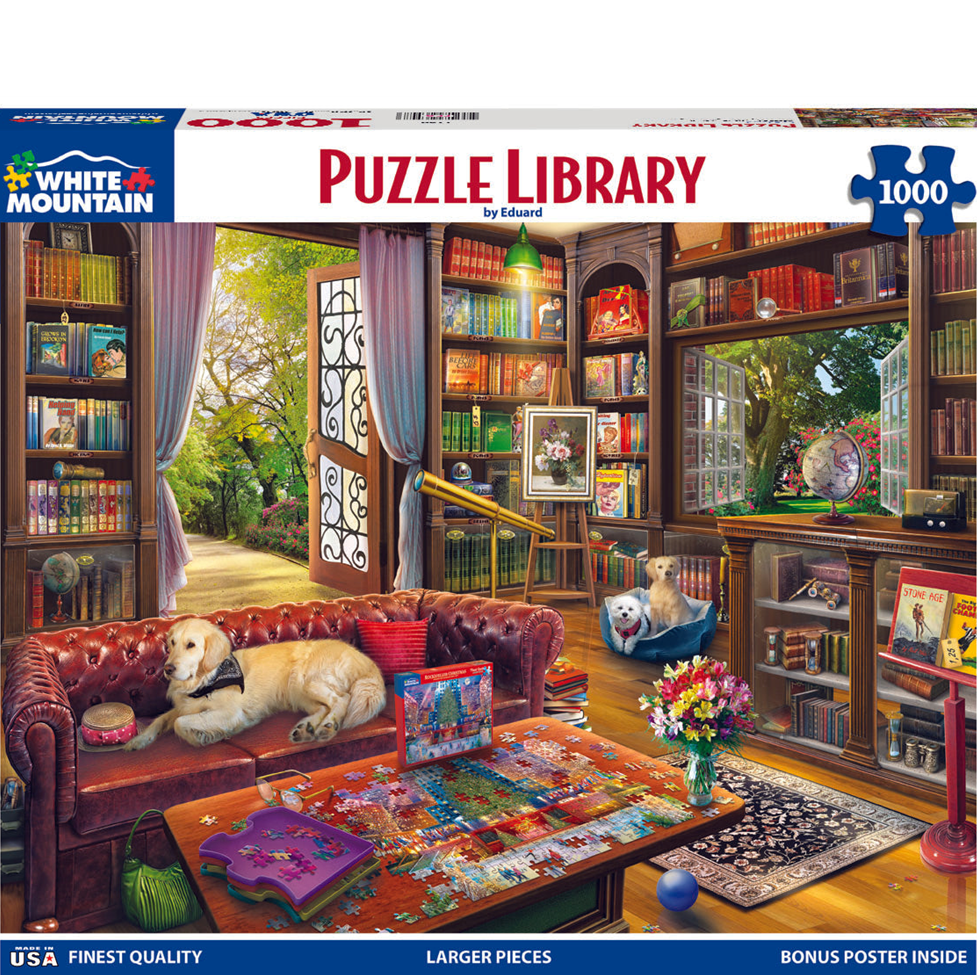 Puzzle box for a 1000-piece puzzle featuring a cozy library scene with books and a dog.