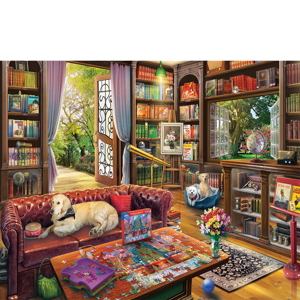 Colorful living room with bookshelves, a sofa, and a table with a puzzle.