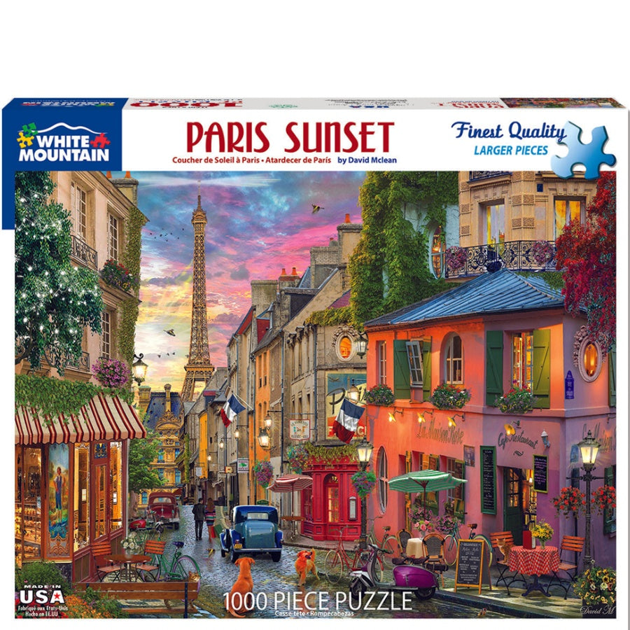 Jigsaw puzzle box featuring a Paris sunset scene with the Eiffel Tower.