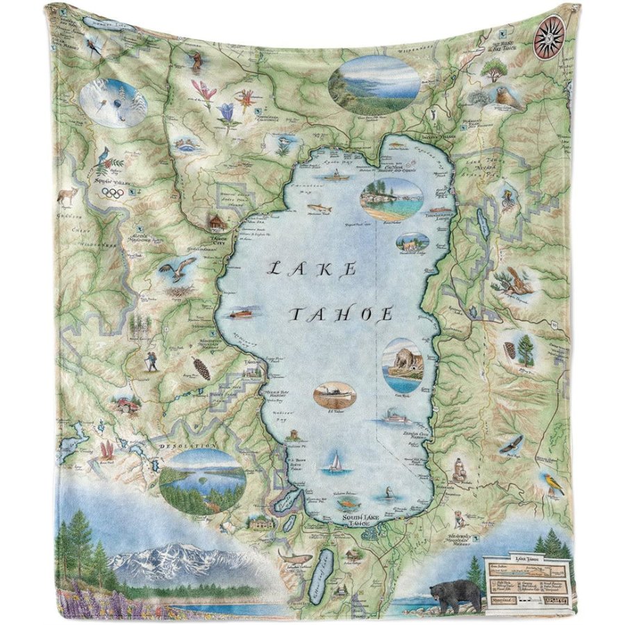 Map of Lake Tahoe with various icons and illustrations on a green background