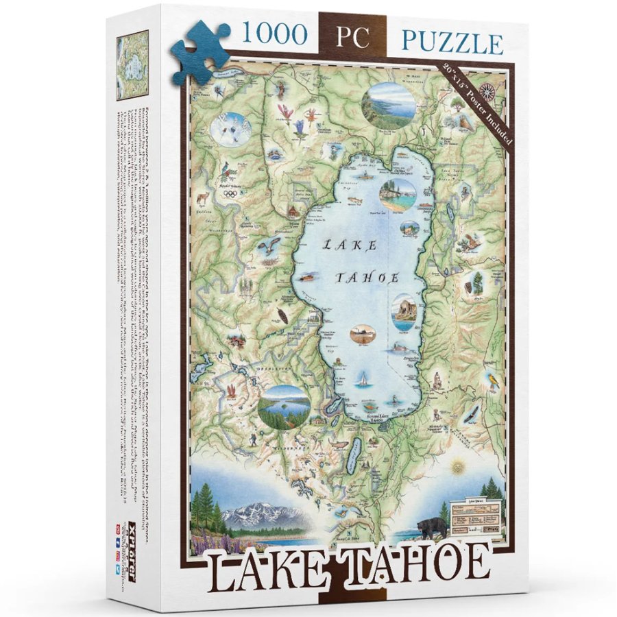 Jigsaw puzzle box featuring a map of Lake Tahoe with scenic illustrations.