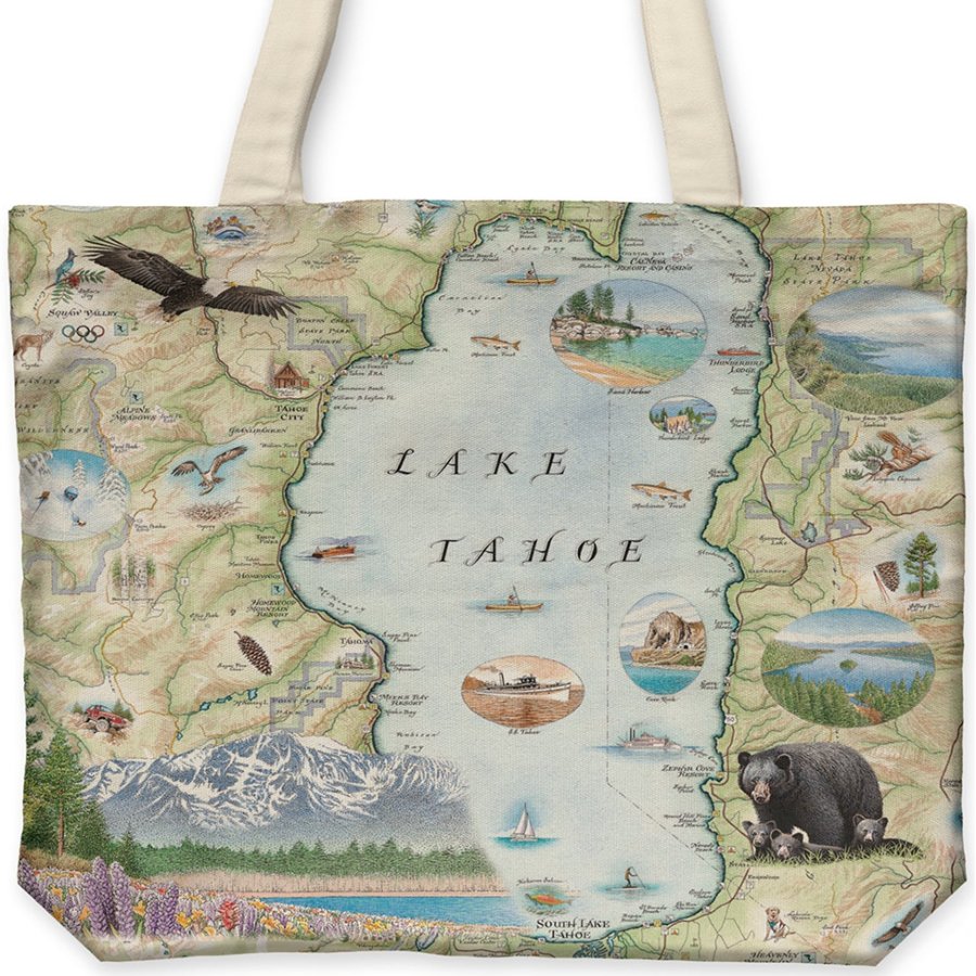 Tote bag with a map design of Lake Tahoe featuring various scenes and animals.