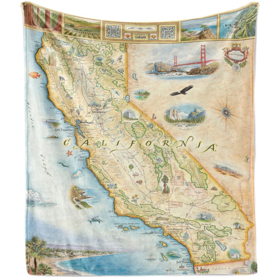 Map of California with scenic illustrations on a blanket