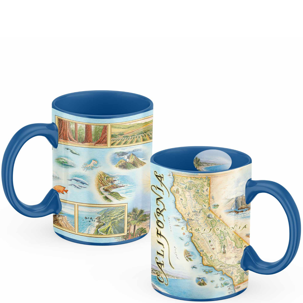 Two mugs with California-themed designs on a white background
