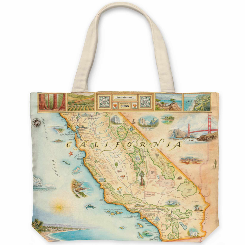 Tote bag with a map design of California on a white background