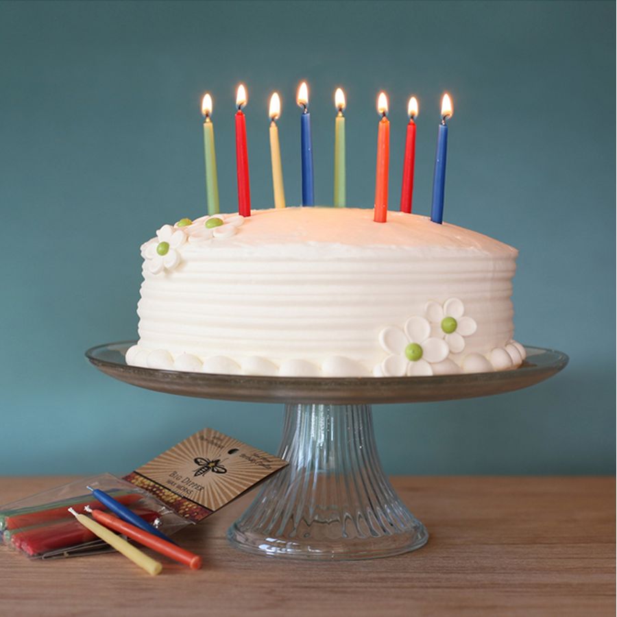 Birthday cake with lit candles on a glass cake stand against a teal background