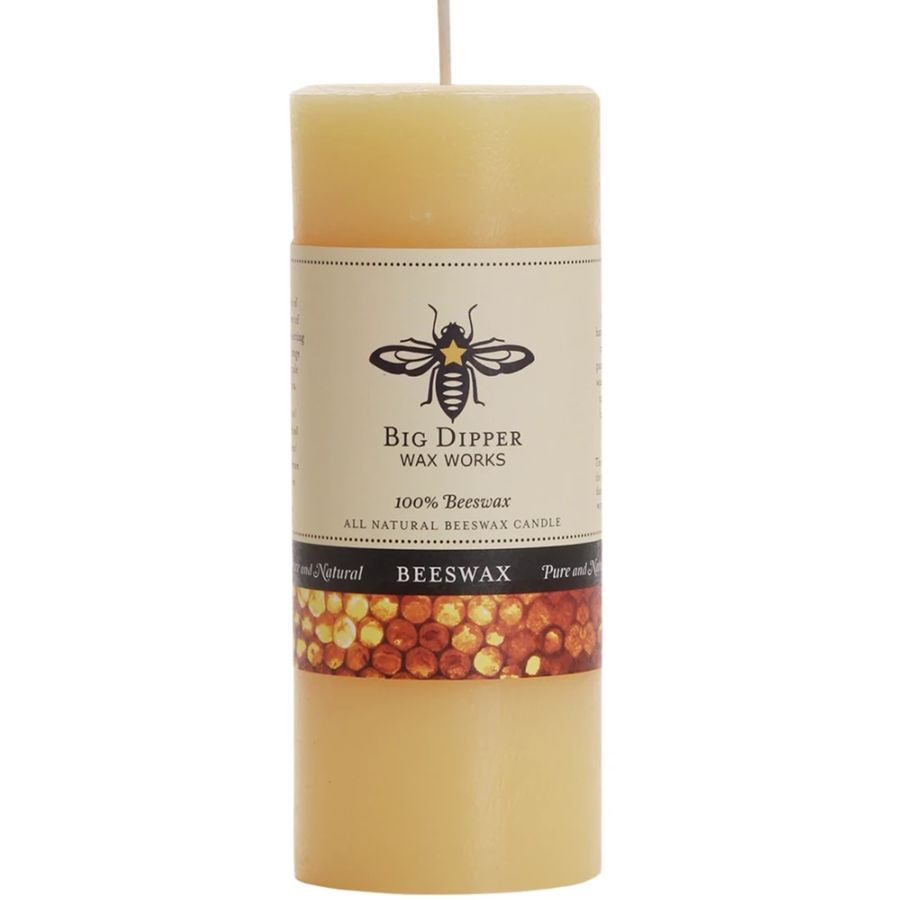Beeswax candle with 'Big Dipper Wax Works' label on a white background