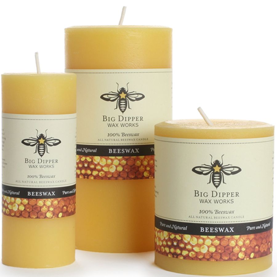 Three beeswax candles from Big Dipper Wax Works on a white background