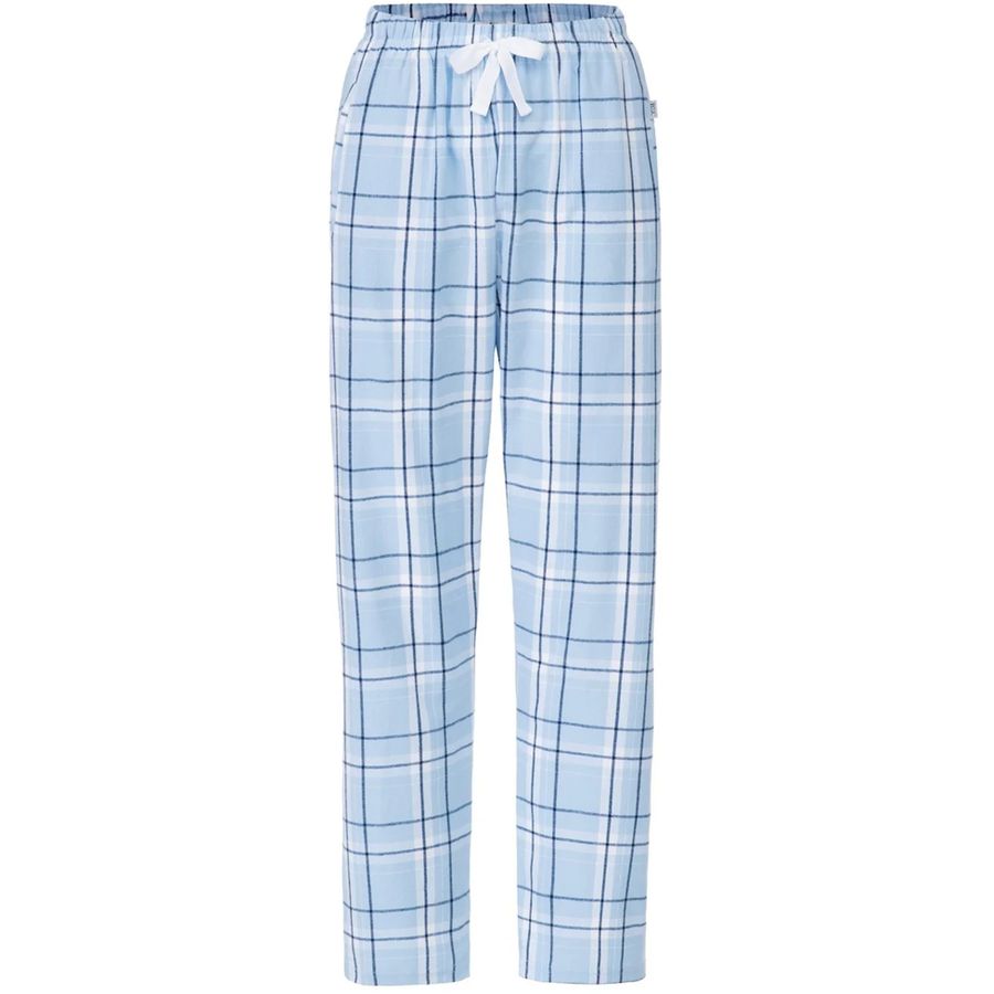 Blue checkered pajama pants on a white background