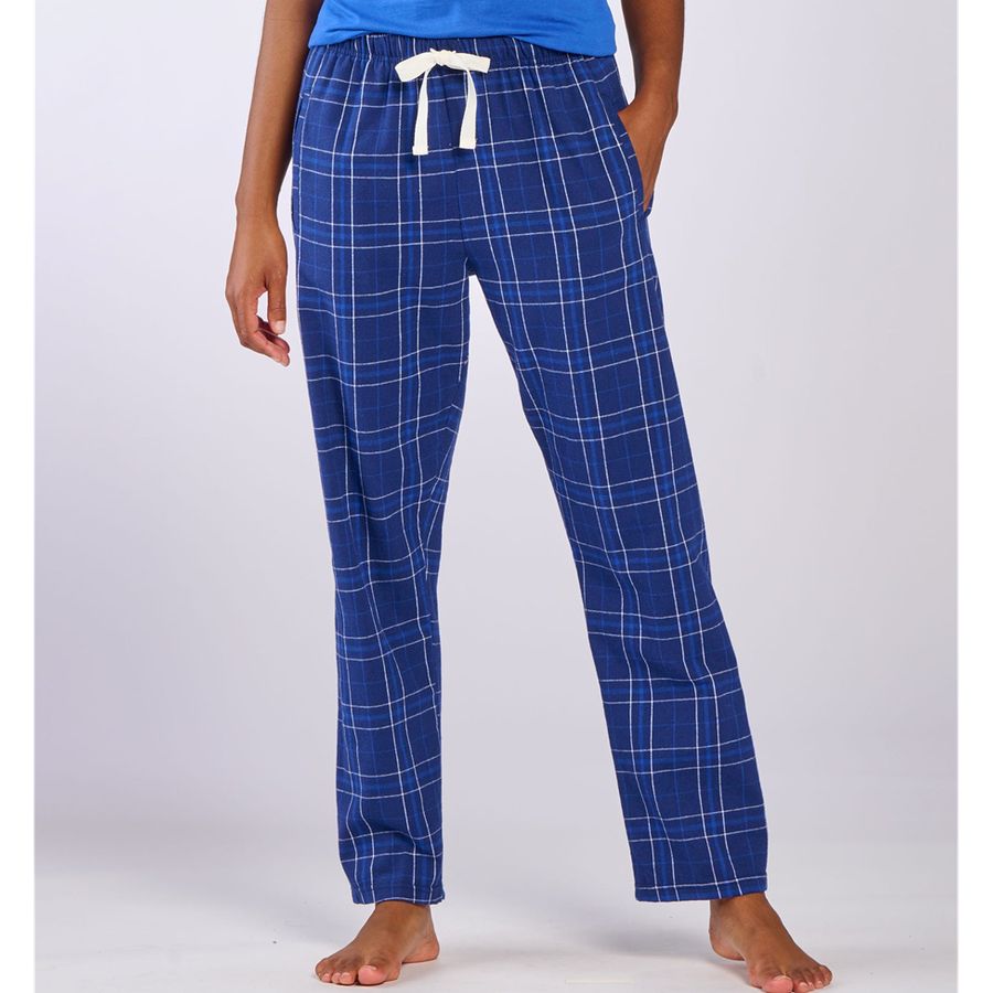 Blue checkered pajama pants worn by a person on a white background