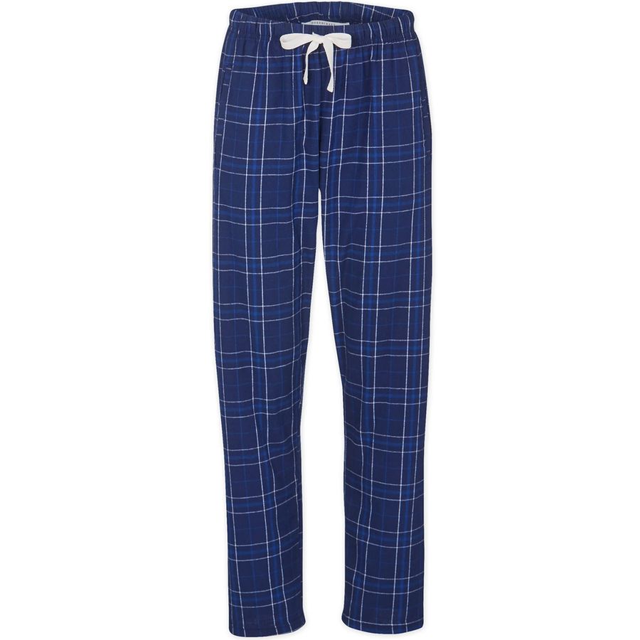 Blue plaid pajama pants with a white drawstring on a white background
