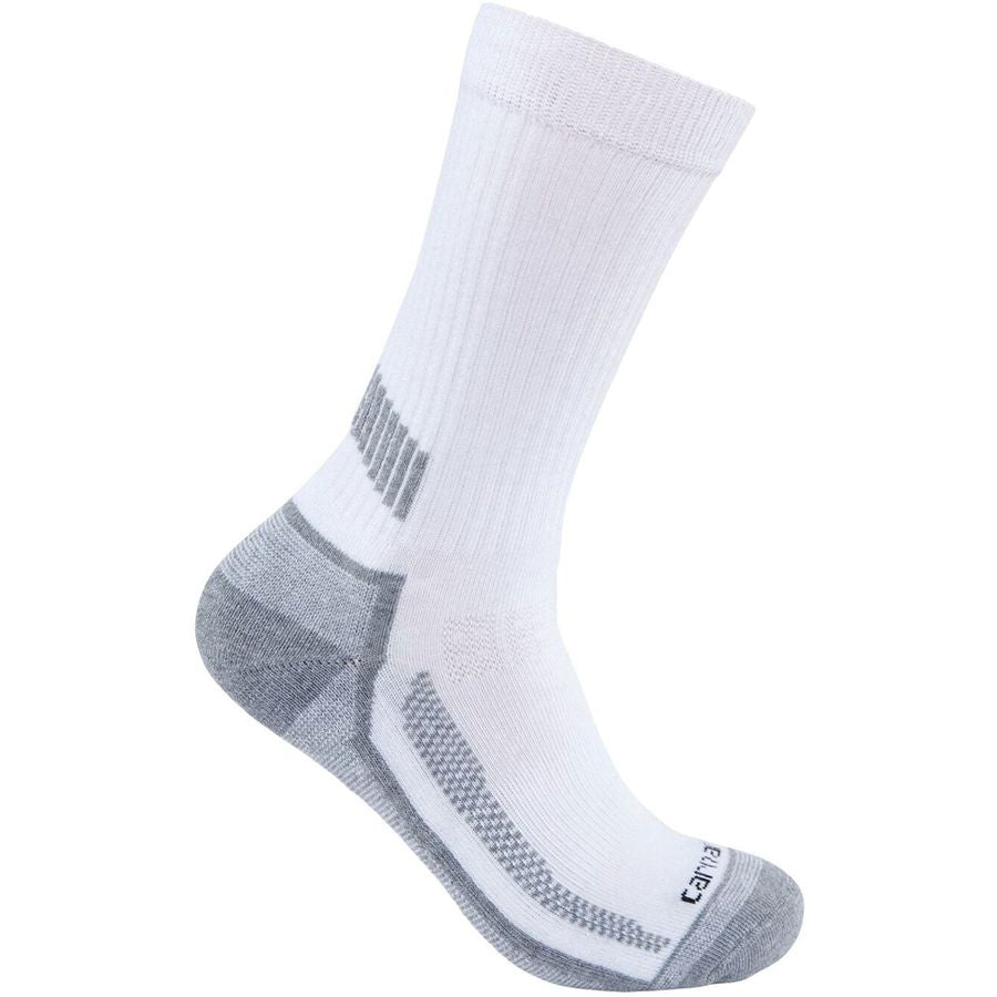 A single white crew sock with gray reinforced zones at the heel, toe, and arch, featuring a small black 'Carhartt' brand logo near the toe, shown against a plain white background.