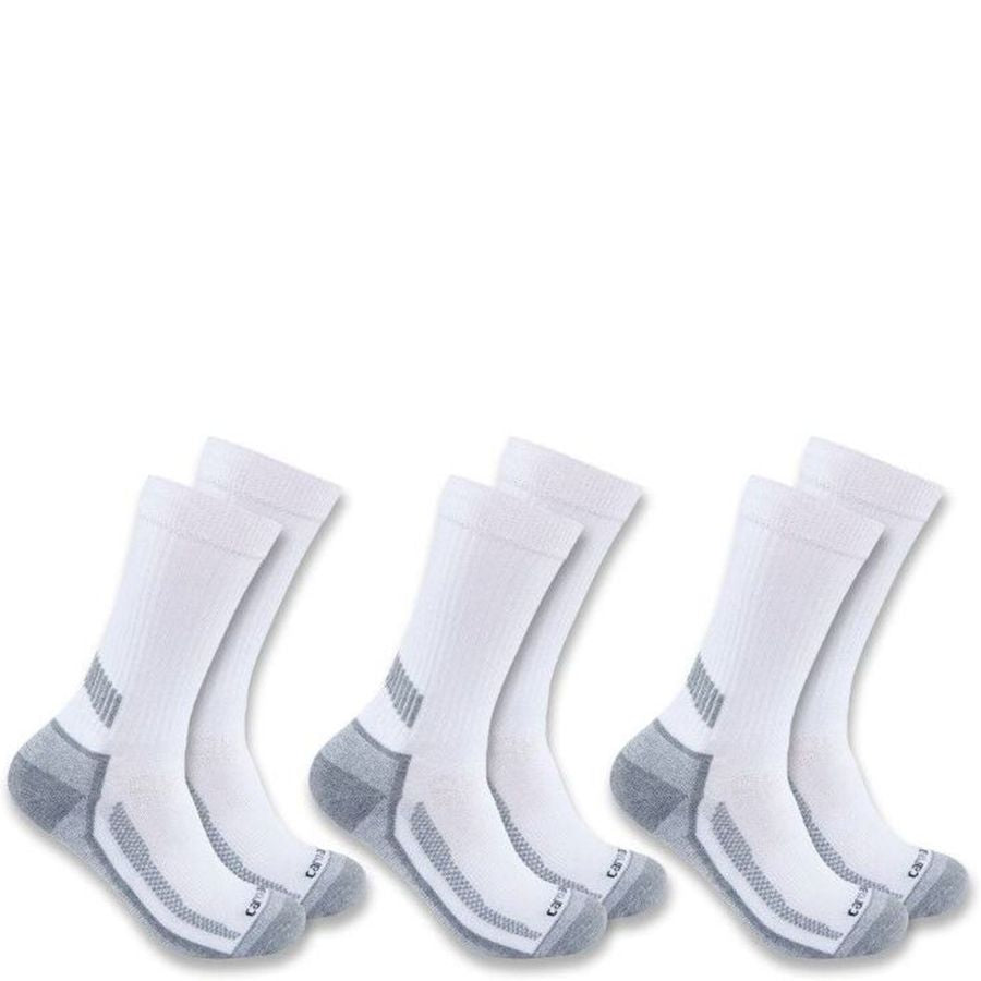 Six pairs of athletic crew socks arranged in two rows on a plain white background. The socks are primarily white with gray accents on the heels, toes, and side arch areas.