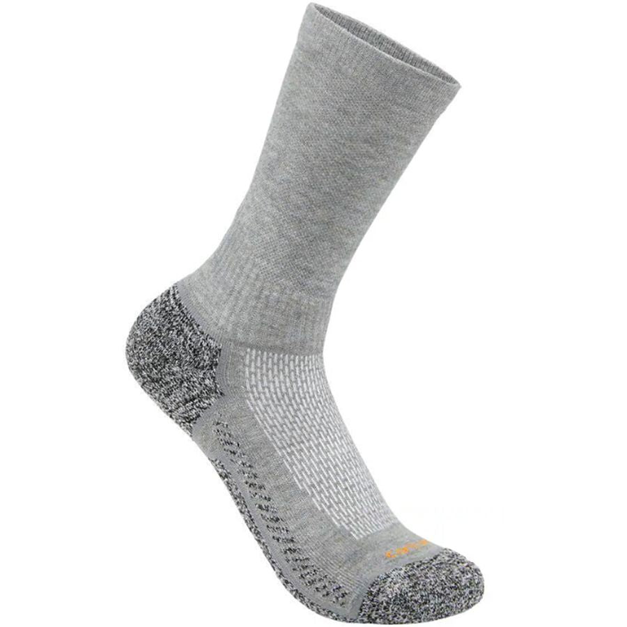 A single mid-calf knit sock in heather gray with darker gray heathered reinforcement on the heel, toe, and sole, shown on a plain white background.