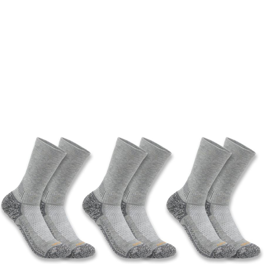 Three pairs of light gray crew socks arranged in a row on a plain white background.