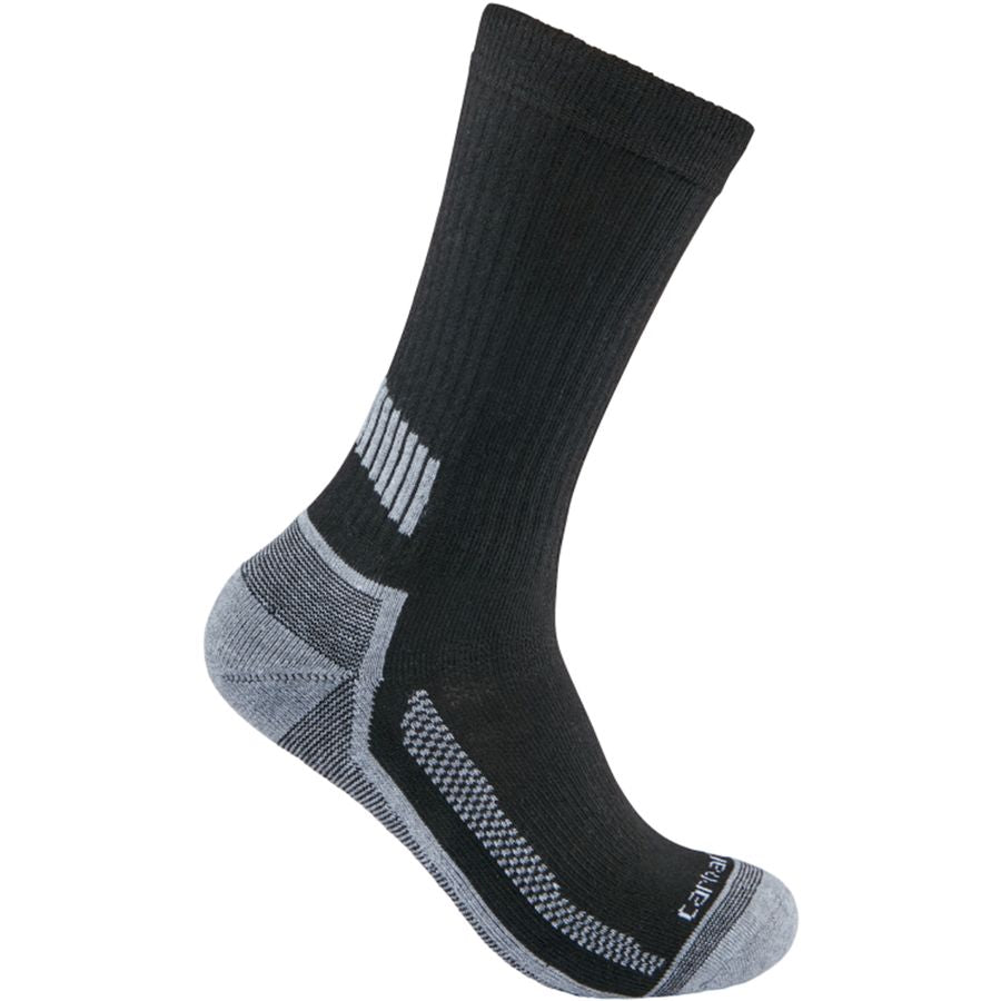 A black athletic sock with gray accents on the heel, toe, and arch. It features a ribbed cuff, a striped pattern on the ankle, and the brand name "Carhartt" in white lettering near the toe. The design suggests durability and support for active use.