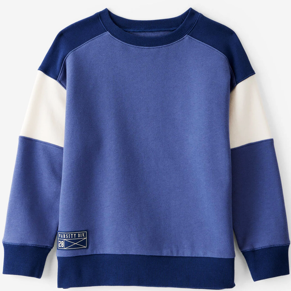 Blue and white sweatshirt with a visible brand logo on a white background